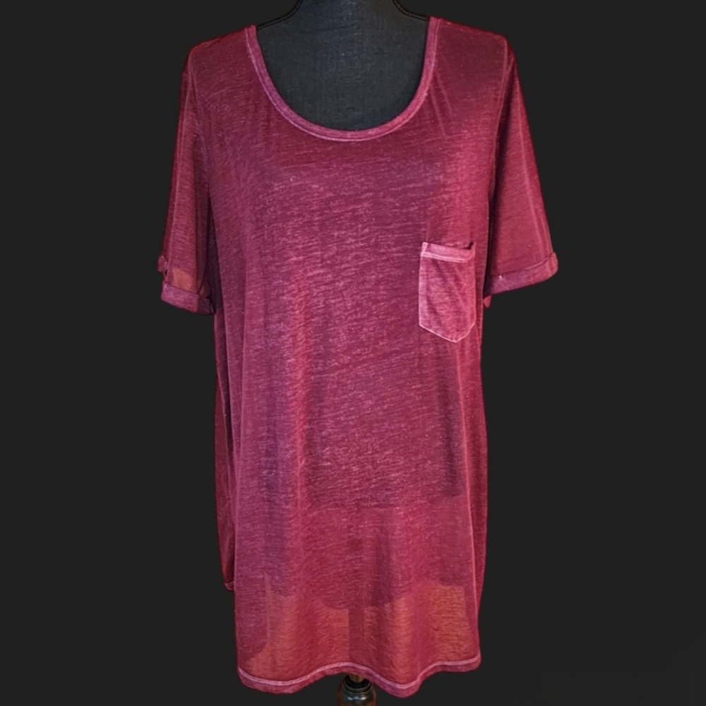 Faded Glory Plus Size Short Sleeve Sheer Tee in Maroon